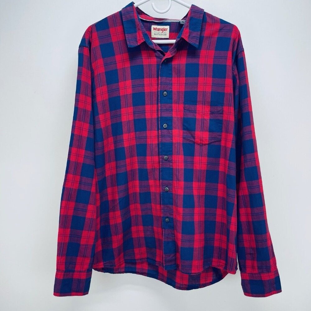 Wranglers Authentic Shirt Size XL Men’s Plaid Red Blue Long Sleeve Flannel